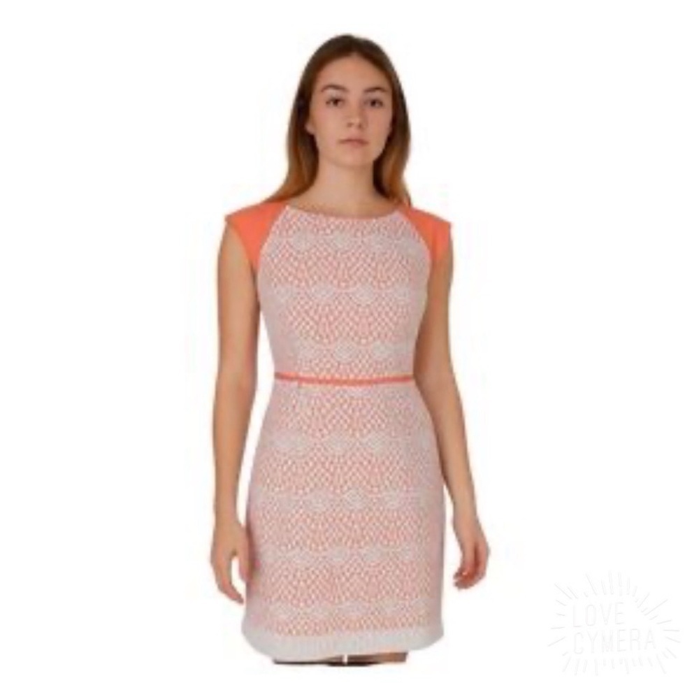 Alex Marie Lace Overlay Sheath Dress 12 Coral White Cap Sleeve Work Wedding